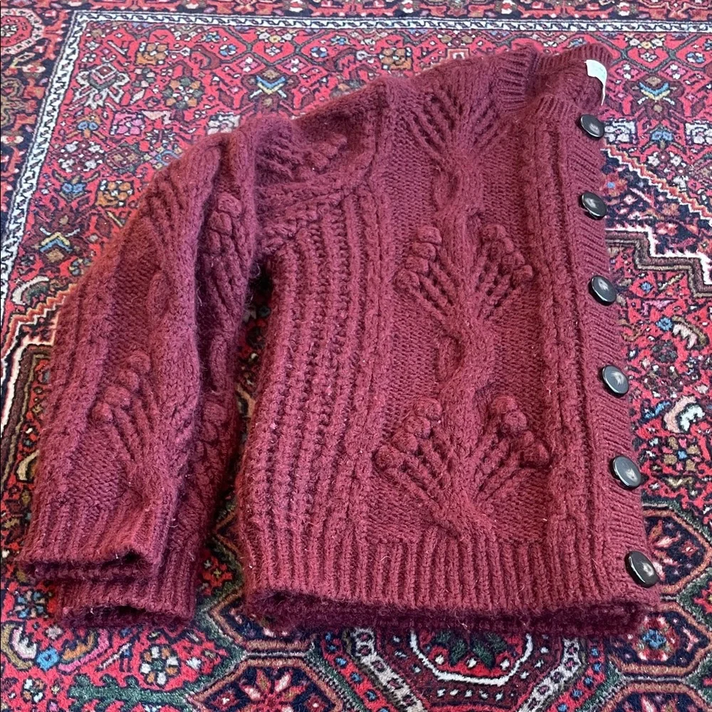 Sezane Burgundy Eugenie Cable Knit Cardigan Jumper - Picture 4 of 5